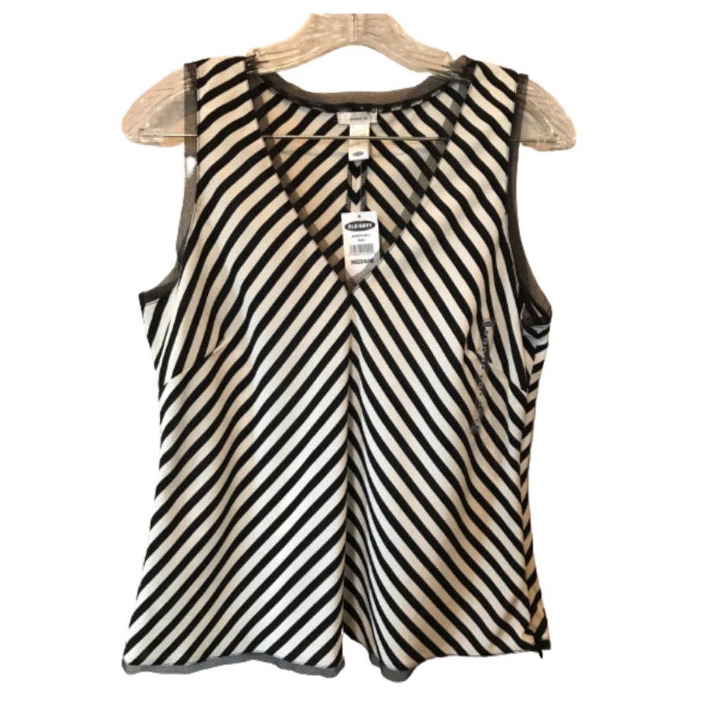 Old Navy Striped Tank Top Blouse with Trim Details Black Off White Size Medium
